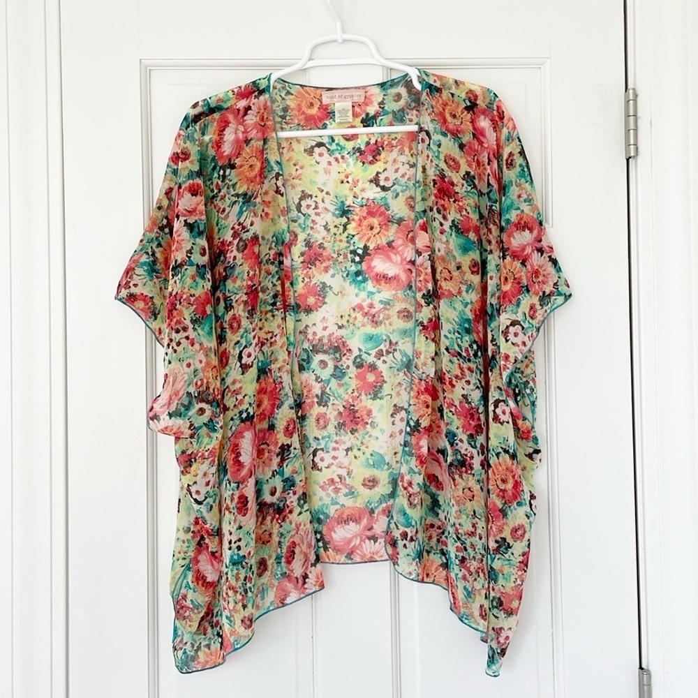 BAND OF GYPSIES sheer top size S/M pink yellow floral dolman shortsleeve